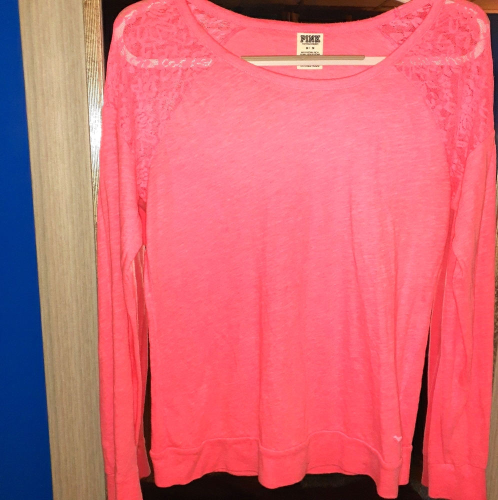 VS Pink Long Sleve Lace Shoulder Bright Pink